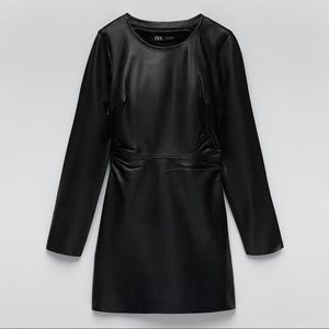 ZARA Shoulder Pad Genuine LEATHER DRESS Black